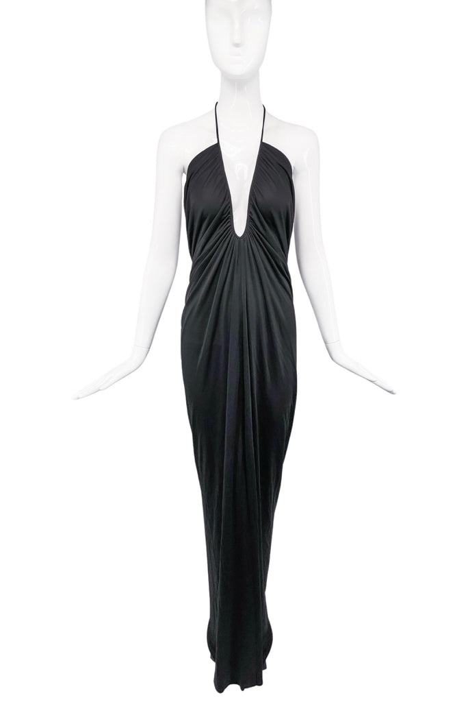 Gucci Tom Ford Black Halston Style Silk Jersey Halter Deep V Neck Cut Out Low Back Gown Dress