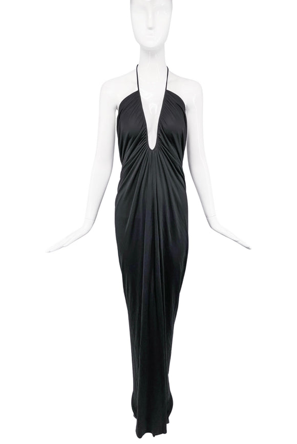 Gucci Tom Ford Black Halston Style Silk Jersey Halter Deep V Neck Cut Out Low Back Gown Dress