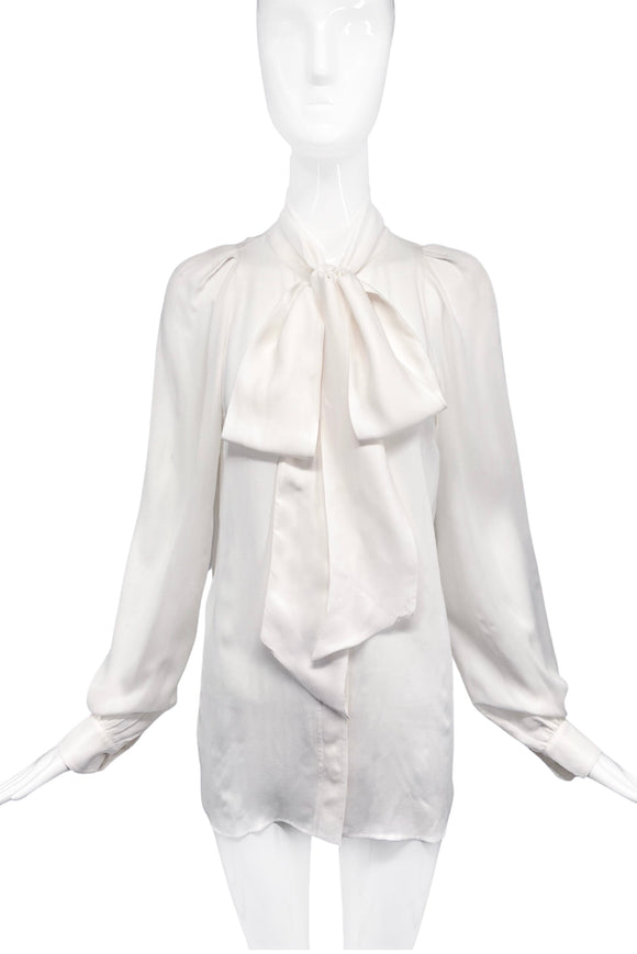 Gucci White Silk Chiffon Extra Long Bow Blouse