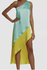 Halpern London Green Blue Turquoise Yellow One Shoulder Asymmetric Gown Dress