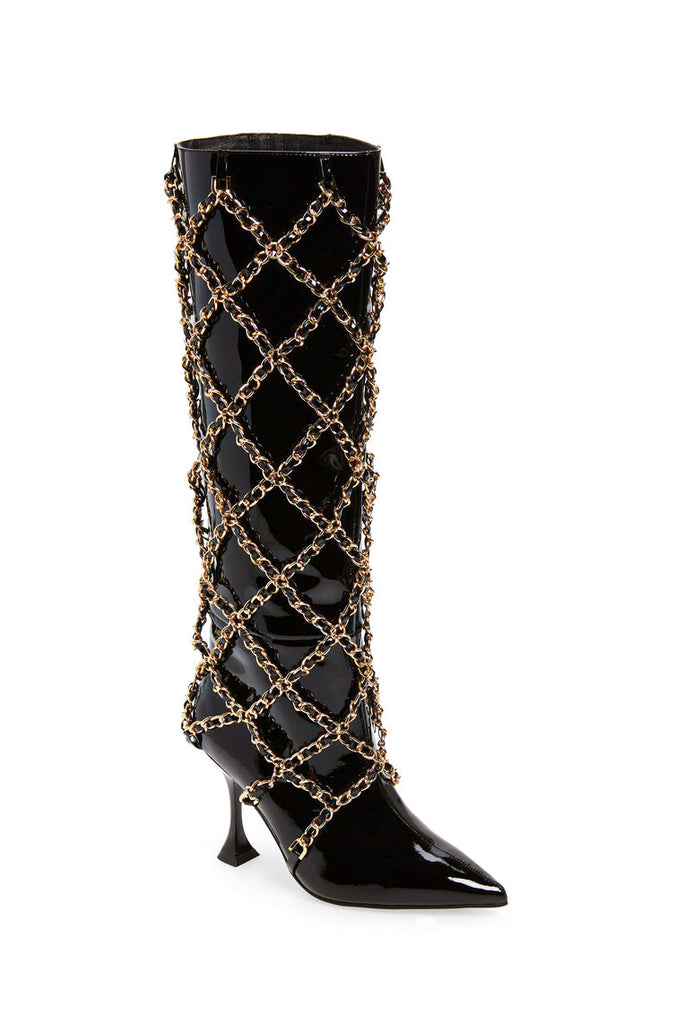 Jeffrey Campbell Black Patent Gold Chanel Chain Armor Pretty Woman Boots Shoes Size US 8