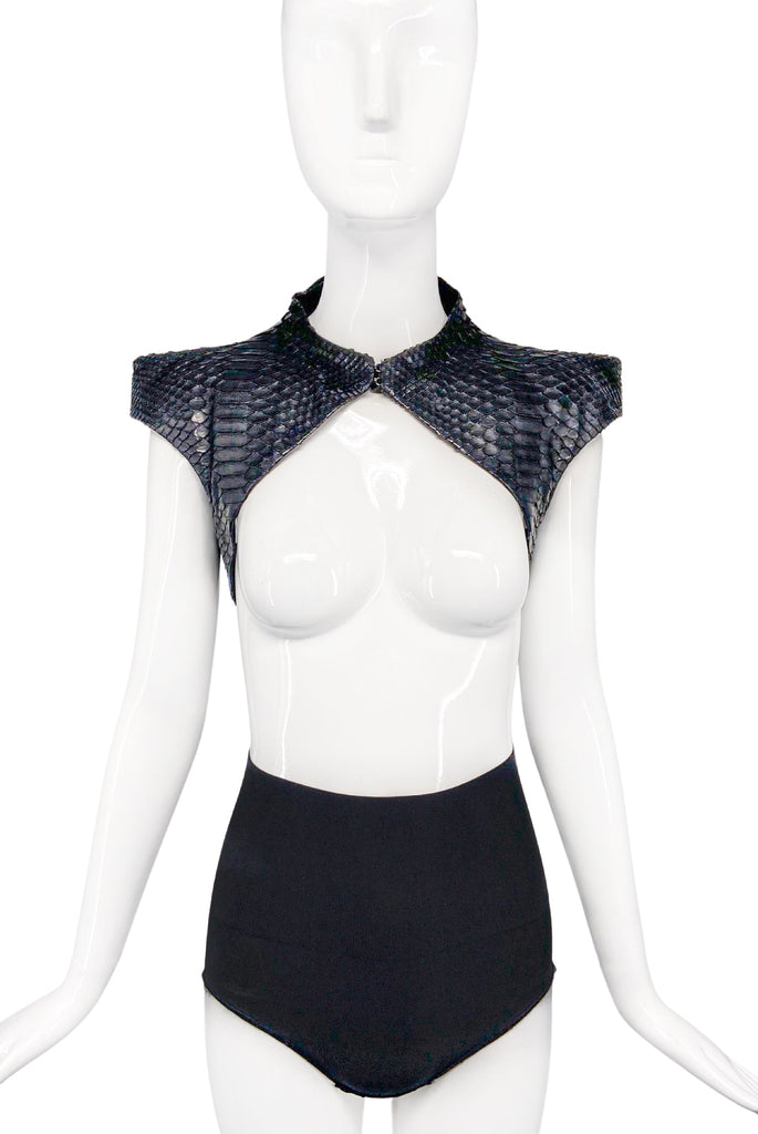 Jen Kao New York Black Snake Skin Python Couture Shoulder Cape Harness Jacket