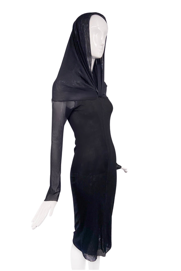 Jean Paul Gaultier Black Nylon Mesh Nun Habit Hood Stretch Dress