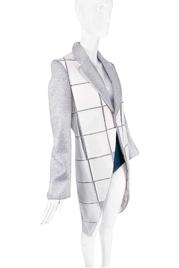 Comme des Garcons Homme Plus Silver Lurex Sparkle White Faux Leather Applicate Coat Fall 2018