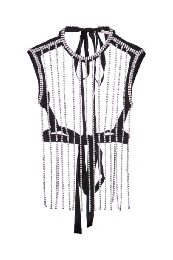 Christopher Kane Crystal Silver Black Gross Grain Fringe Top Pre Fall 2018