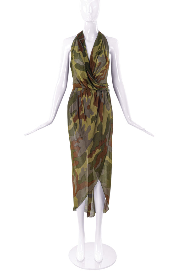 Krizia Green Camouflage Silk Print Halter Wrap Dress