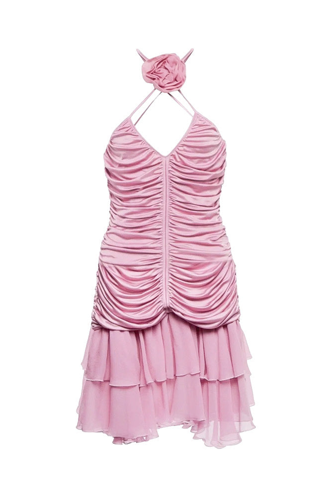 Blumarine Pink Ruched Ruffle Open Back Flower Mini Dress