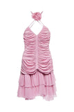 Blumarine Pink Ruched Ruffle Open Back Flower Mini Dress