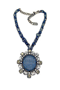 Lanvin Blue Sparkle Oversize Pendent Necklace on a Gunmetal Chain SS2014