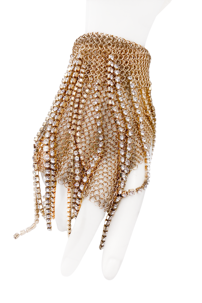 Lanvin Gold Knit Chain Mesh Chainmail Crystal Fringe Glove Bracelet