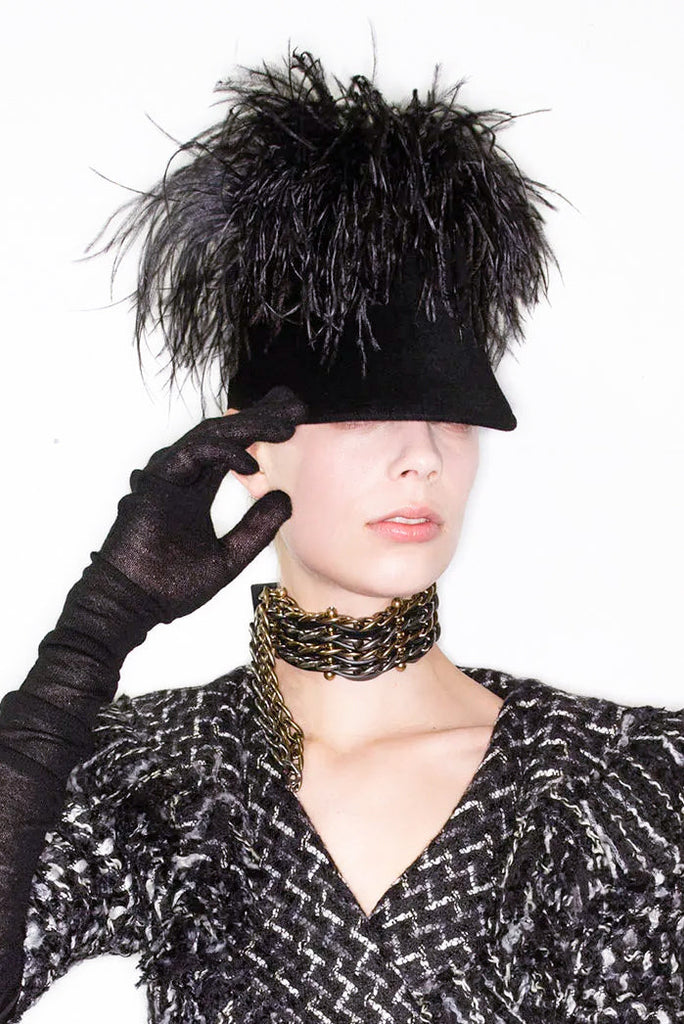 Lanvin Black Felt Cap Hat with Feathers Runway Fall 2014