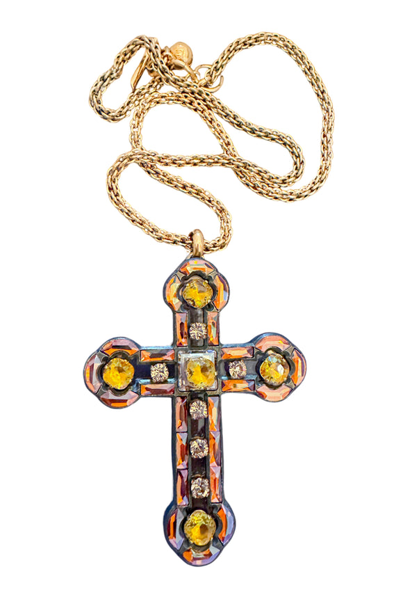 Lanvin Amber Orange Citron Yellow Oversized Crystal Cross Necklace