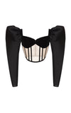 Rozie London Corset Black Sheer Nude Velvet and Taffeta Puff Sleeve Corset Top