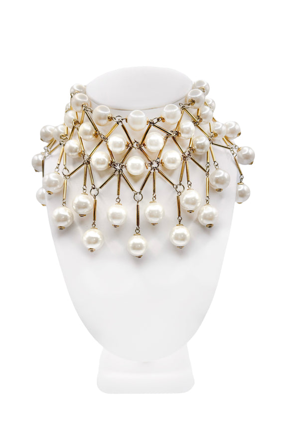 Poggi Paris Gold Geometric Pearl Drop Choker Necklace