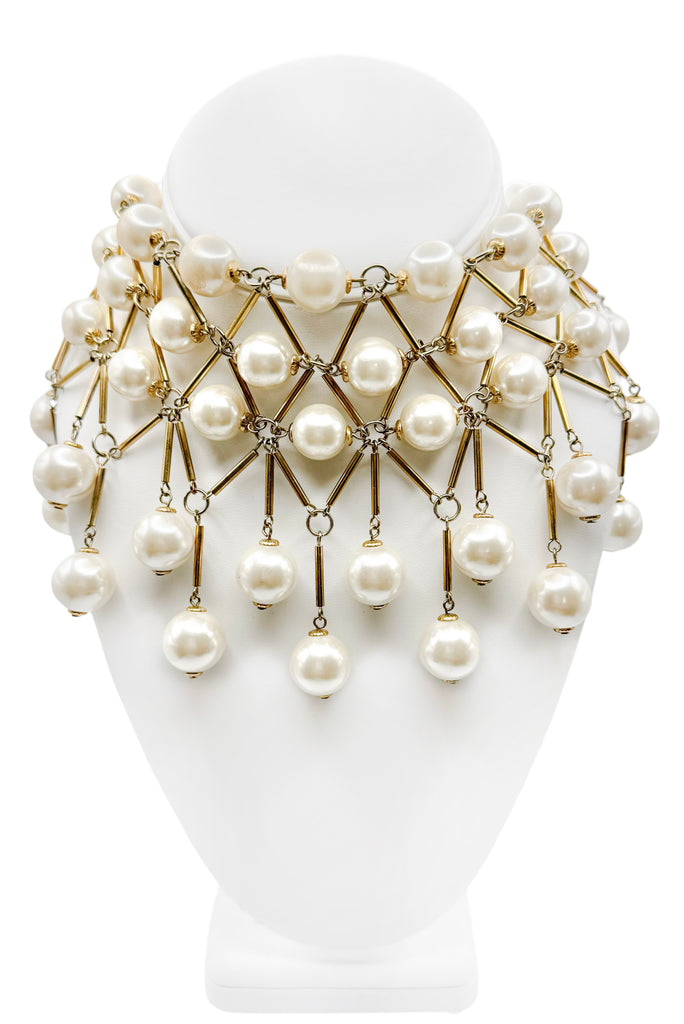 Poggi Paris Gold Dramatic Four Layer Pearl Bib Collar Necklace