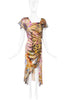 Laura Biagotti Italy Multicolor Pink Baby Blue Gold Sequin Pattern Print Galliano Style Ruffle High Slit Y2K Dress Gown