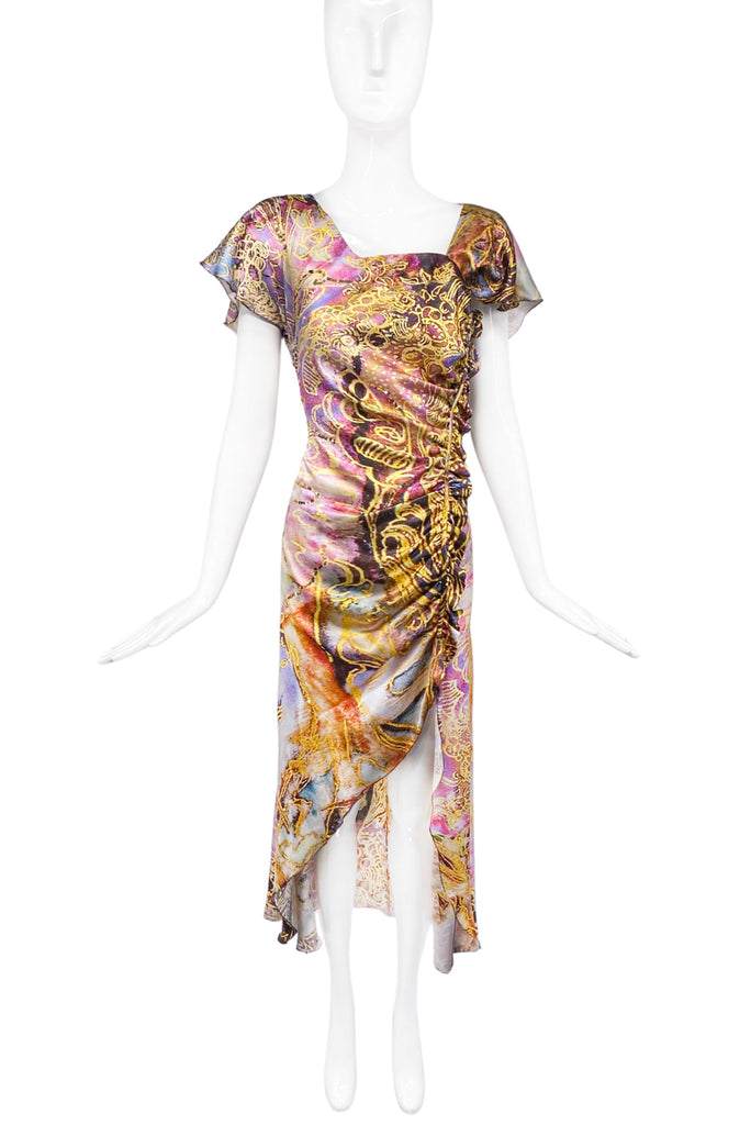 Laura Biagotti Italy Multicolor Pink Baby Blue Gold Sequin Pattern Print Galliano Style Ruffle High Slit Y2K Dress Gown