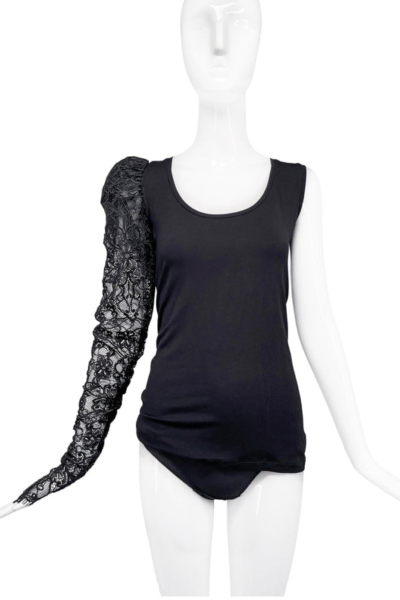 Les Hommes Black Lace One Shoulder Sleeve Asymmetric Tank Top