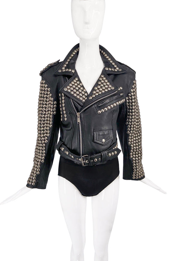 Vintage Black London Leatherwear NYC Fully Studded Cropped Belted Leather Jacket