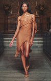 Mirror Palais Brown Sheet Draped Asymmetric Slip Dress