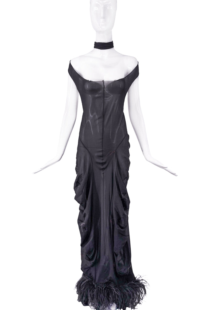 Maison Margiela by Galliano Black Sheer Ruched Neck Wrap Dress Feather Hem Gown