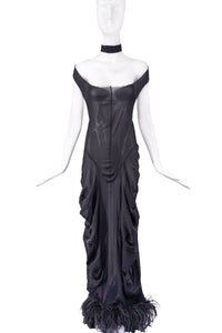 Maison Margiela by Galliano Black Sheer Ruched Neck Wrap Dress Feather Hem Gown