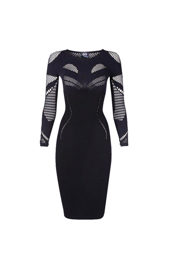 Alexander McQueen Mcq Black Fishnet Insert Mesh Body Con Stretch Dress