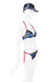 Christian Dior by Galliano Blue Denim Patchwork "Miss Diorella" Sarong & Two Piece Bikini Bra Panty Swimsuit Spring 2001