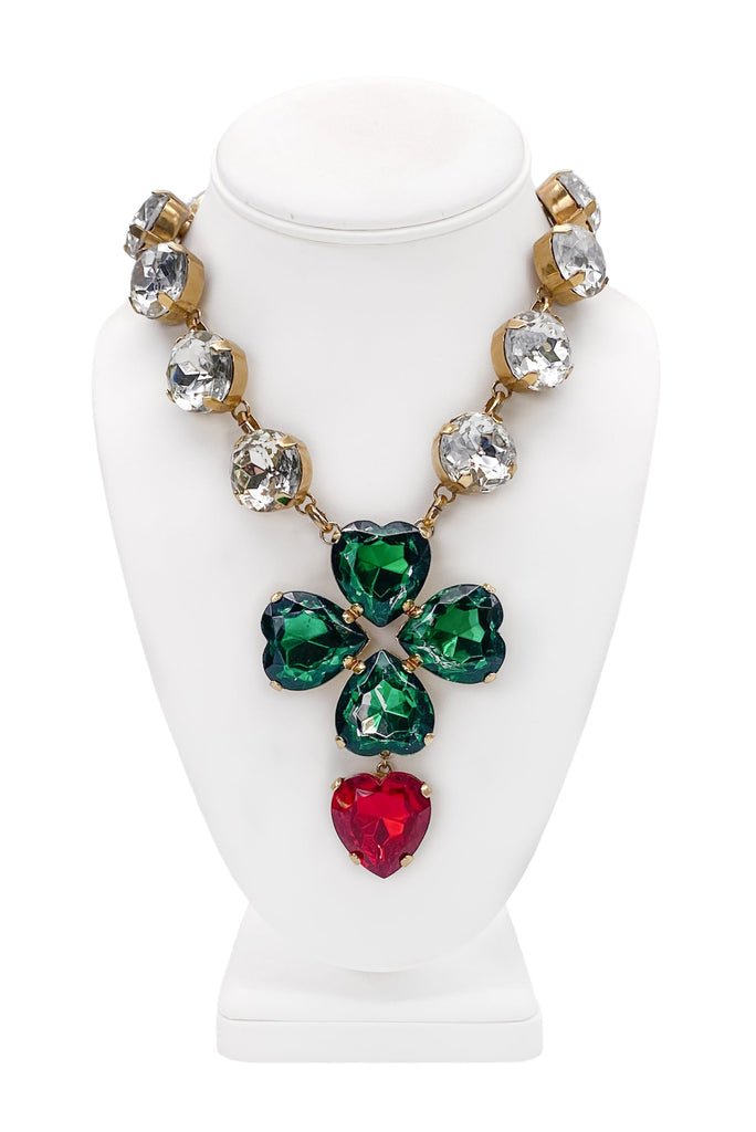 Moschino Crystal Clear Ruby Red Emerald Green Oversized Clover Heart 90's Necklace