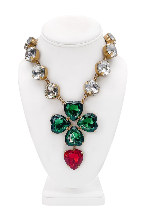 Moschino Crystal Clear Ruby Red Emerald Green Oversized Clover Heart 90's Necklace