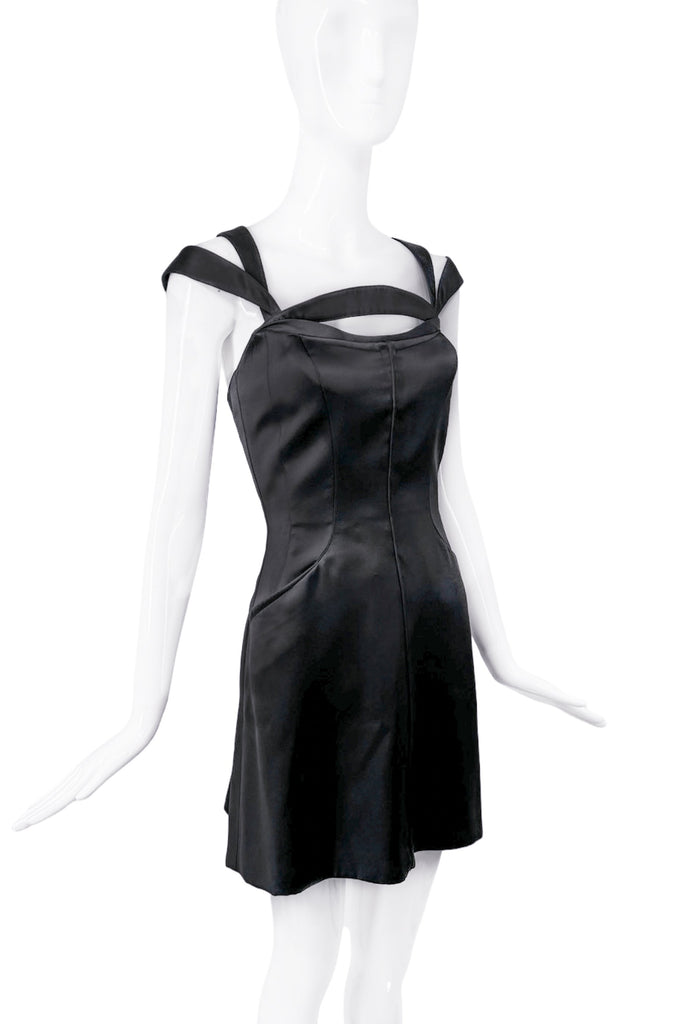 Mugler Thierry Mugler Vintage 90's Black Satin Double Strap Cut Out Mini Dress