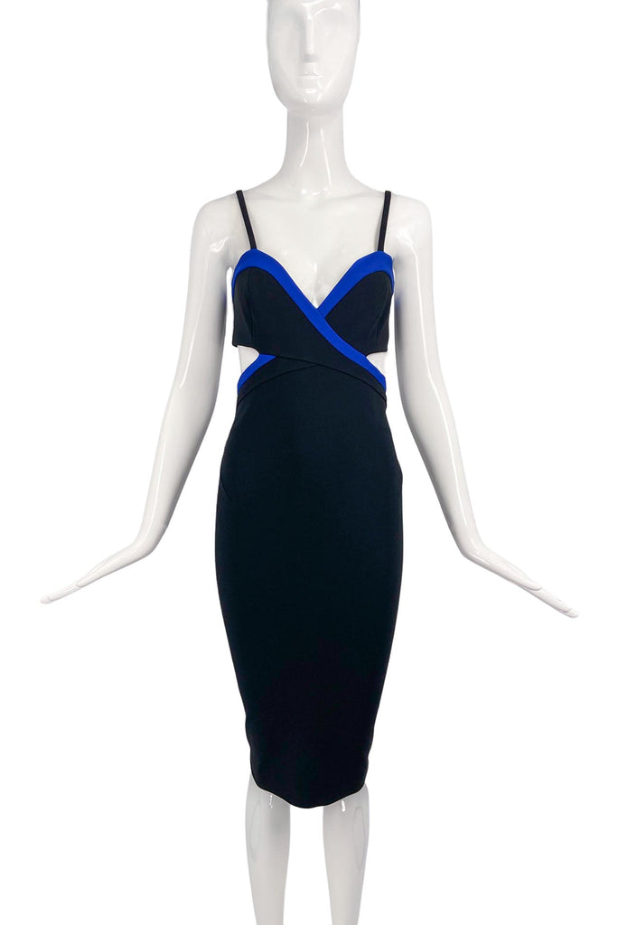 Mugler Black Body Con Cut Out Dress with Cobalt Blue Trim