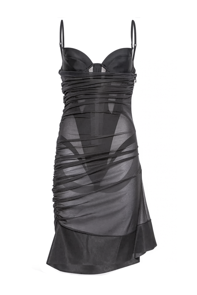 Mugler Black Sheer Layered Corset Body Dress