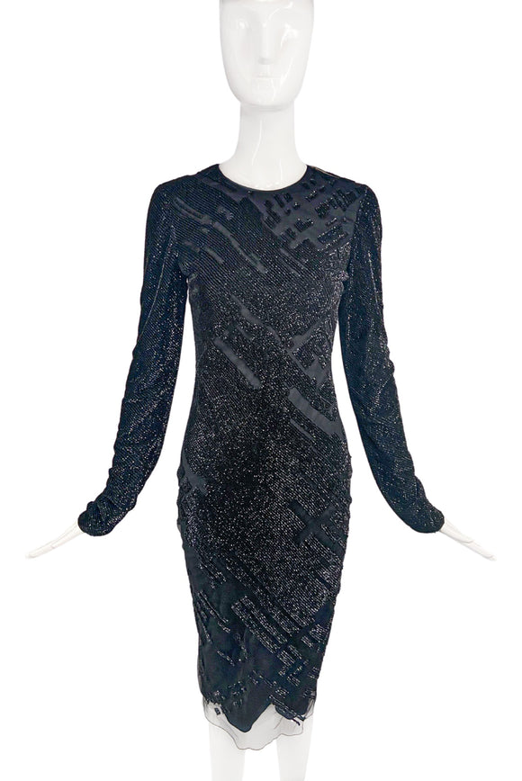 Mugler Black Beaded Abstract Sequin Embellished Pattern Sheer Gown Dress