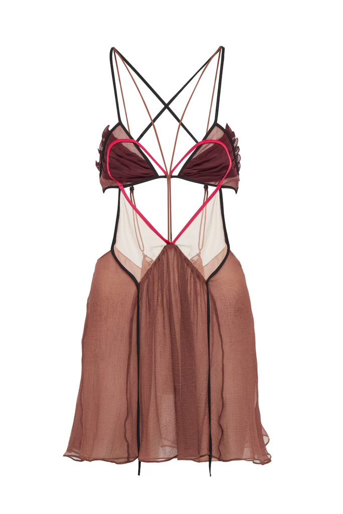 Nensi Dojaka Brown Heart Cut Out Chiffon Mini Dress Spring 2022