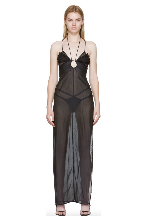 Nensi Dojaka Black Sheer Cut Out Halter Neck Double Bra Chiffon Dress Gown