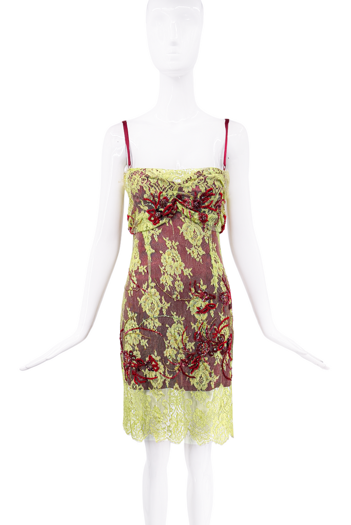Dolce & Gabbana Green Red Floral Lace Embroidered Slip Dress SS1999