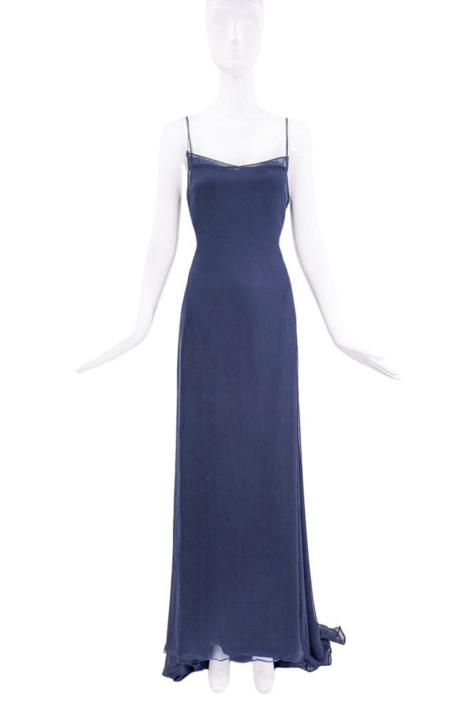 Esteban Cortezar Navy Blue Mesh Slip Dress Gown