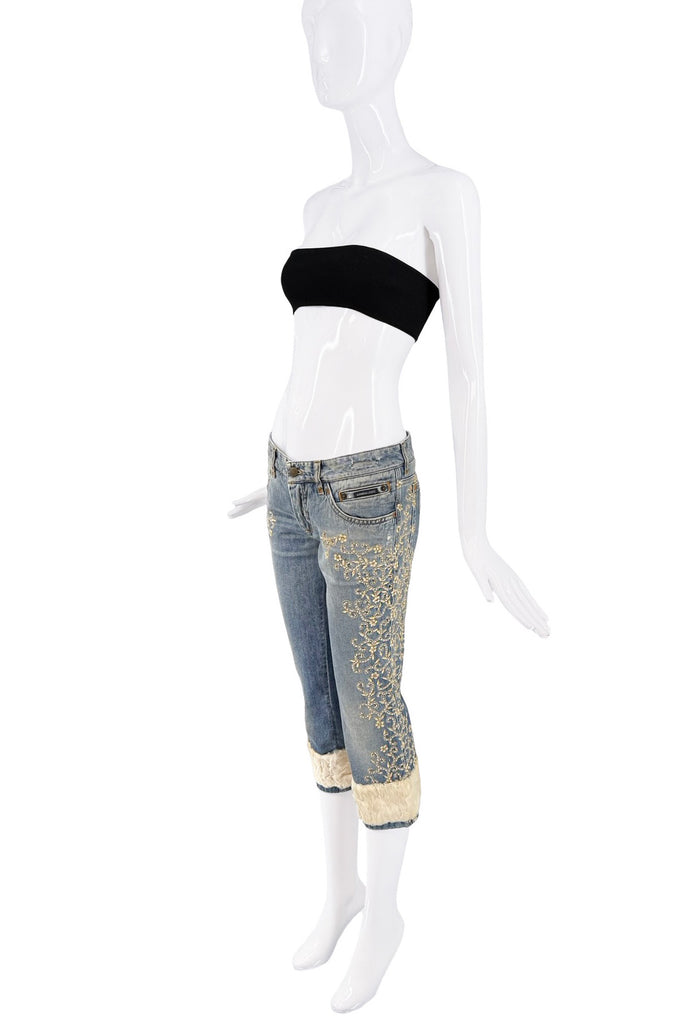 Dolce & Gabbana Blue Jean White Fur Cuff Beaded Embroidered Capri Pants