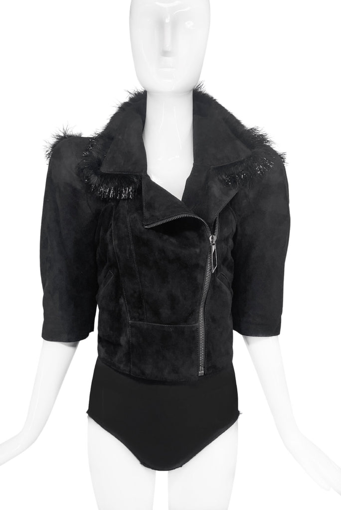 Nina Ricci by Oliver Theyskens Black Suede Metallic Frings Super Extreme Shoulder Pads Biker Jacket