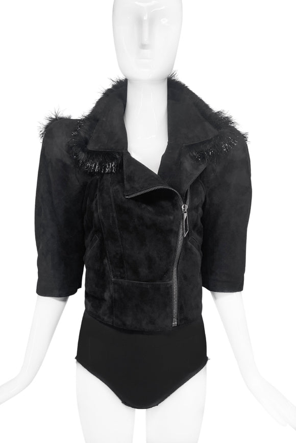 Nina Ricci by Oliver Theyskens Black Suede Metallic Frings Super Extreme Shoulder Pads Biker Jacket