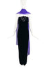Nina Ricci Black Velvet Bustier Dress Gown with Glitter Flower and Purple Chiffon Scarf
