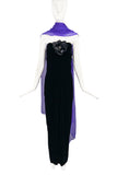Nina Ricci Black Velvet Bustier Dress Gown with Glitter Flower and Purple Chiffon Scarf