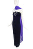 Nina Ricci Black Velvet Bustier Dress Gown with Glitter Flower and Purple Chiffon Scarf