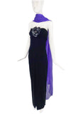 Nina Ricci Black Velvet Bustier Dress Gown with Glitter Flower and Purple Chiffon Scarf