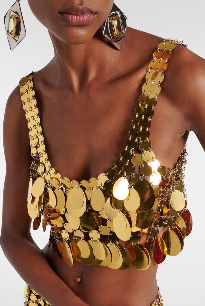 Paco Rabanne Gold Chain Mail Oversized Sequin Crop Top