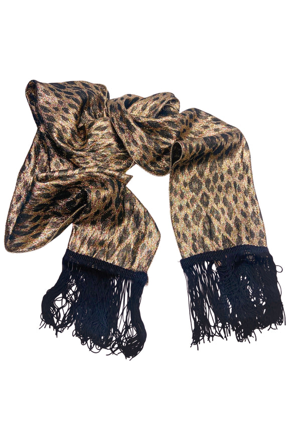 Vintage Gold Leopard Print Lurex Scarf with Black Fringe