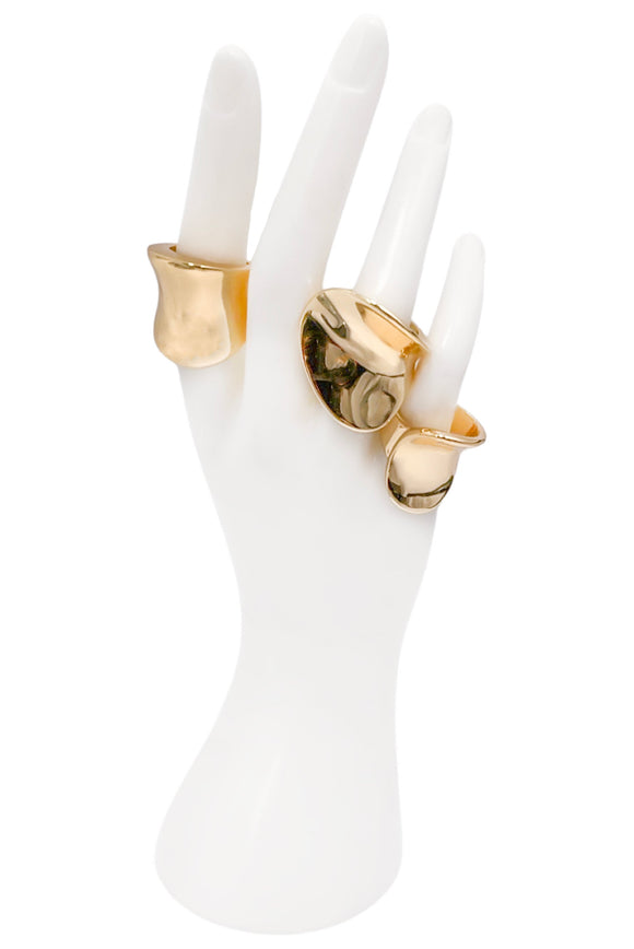 Vintage Gold Sculptural Tube Wave Ring Set of 3