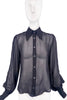 D&G by Dolce & Gabbana Black Sheer Chiffon Poet Sleeve Blouse with Exaggerated Collar