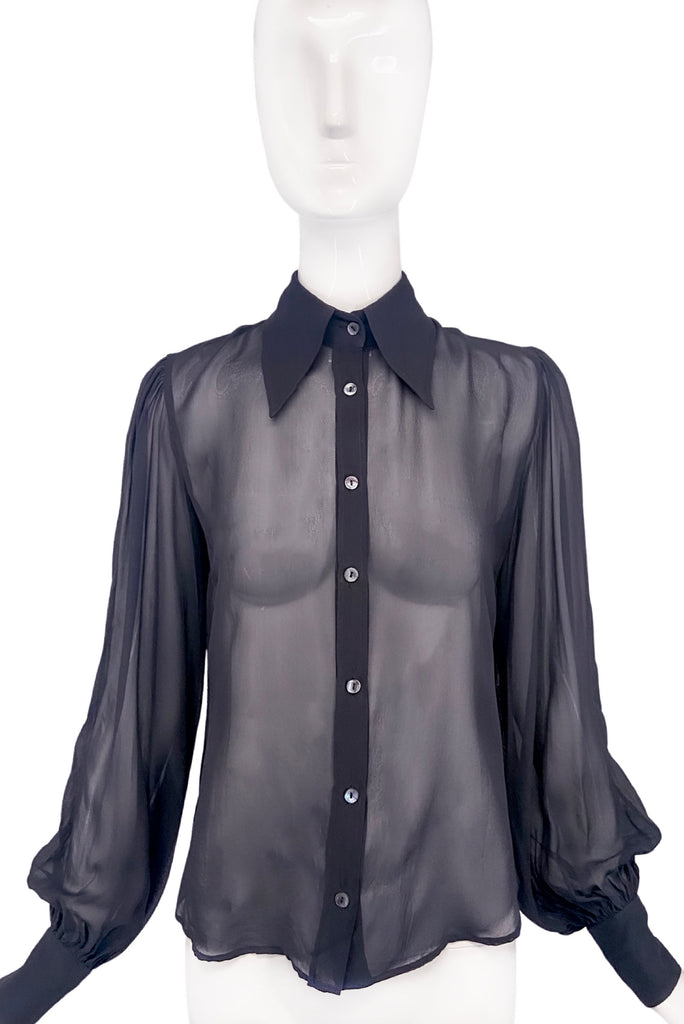 D&G by Dolce & Gabbana Black Sheer Chiffon Poet Sleeve Blouse with Exaggerated Collar